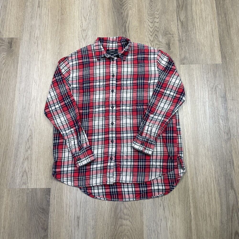 Madewell Shirt Womens XS Red White Plaid Oversized Flannel Button Up Cotton